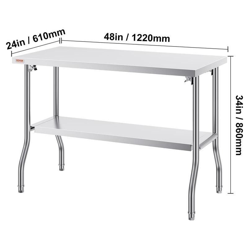 Mesa Comercial Plegable VEVOR 48 x 24” – Mesa de Trabajo con Estante Inferior, Acero Inoxidable Resistente, Soporta 300 lbs, Ideal para Cocina, Restaurante o Garaje