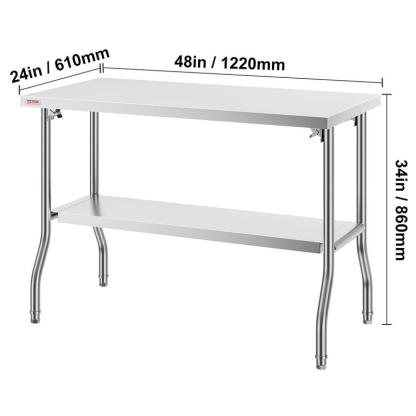 Mesa Comercial Plegable VEVOR 48 x 24” – Mesa de Trabajo con Estante Inferior, Acero Inoxidable Resistente, Soporta 300 lbs, Ideal para Cocina, Restaurante o Garaje