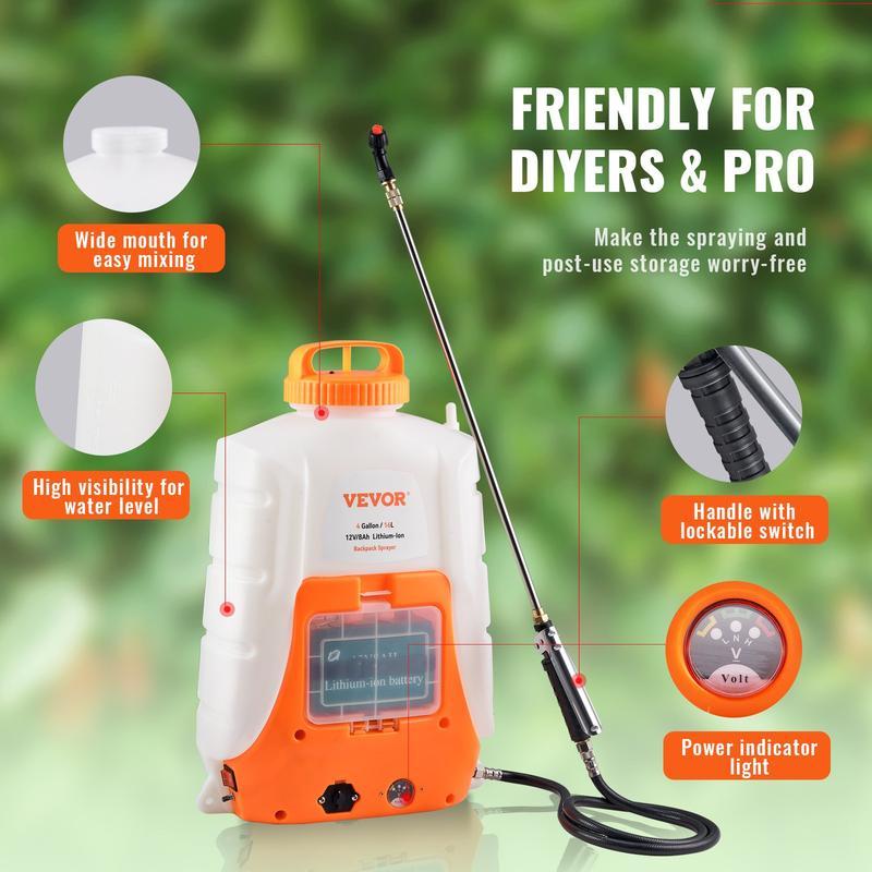 Pulverizador Portátil a Batería VEVOR – Mochila 4 Gal, Presión Ajustable 0-90 PSI, 12V 8Ah, 8 Boquillas y 2 Varillas, Tapa de Boca Ancha, Ideal para Deshierbe, Riego y Limpieza