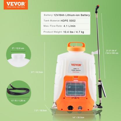 Pulverizador Portátil a Batería VEVOR – Mochila 4 Gal, Presión Ajustable 0-90 PSI, 12V 8Ah, 8 Boquillas y 2 Varillas, Tapa de Boca Ancha, Ideal para Deshierbe, Riego y Limpieza