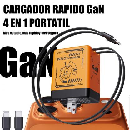 Cargador 4-en-1 GaN 60W – Compatible con USB-C y Lightning Retráctil, Potencia Máxima 120W, Control Inteligente de Temperatura, Carga Segura y Rápida