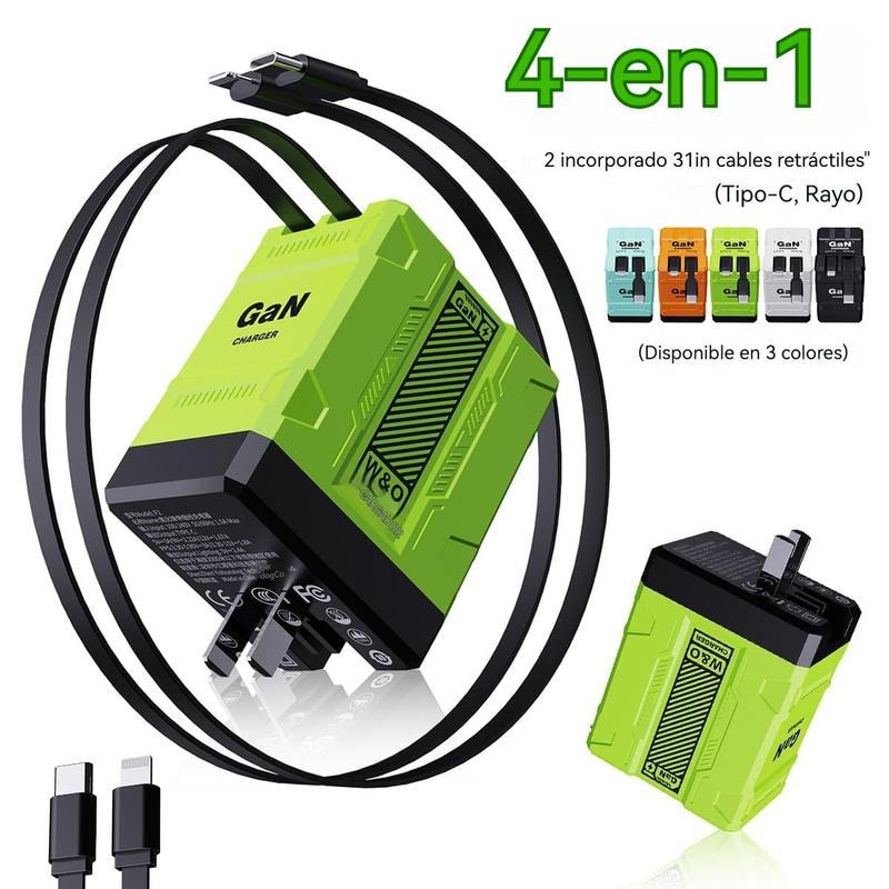Cargador 4-en-1 GaN 60W – Compatible con USB-C y Lightning Retráctil, Potencia Máxima 120W, Control Inteligente de Temperatura, Carga Segura y Rápida
