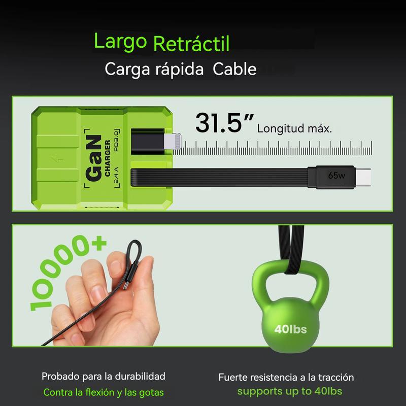 Cargador 4-en-1 GaN 60W – Compatible con USB-C y Lightning Retráctil, Potencia Máxima 120W, Control Inteligente de Temperatura, Carga Segura y Rápida