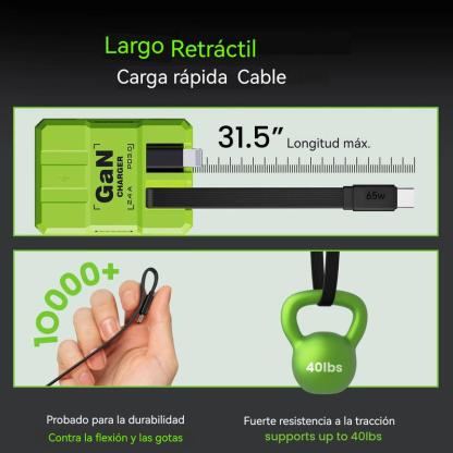 Cargador 4-en-1 GaN 60W – Compatible con USB-C y Lightning Retráctil, Potencia Máxima 120W, Control Inteligente de Temperatura, Carga Segura y Rápida
