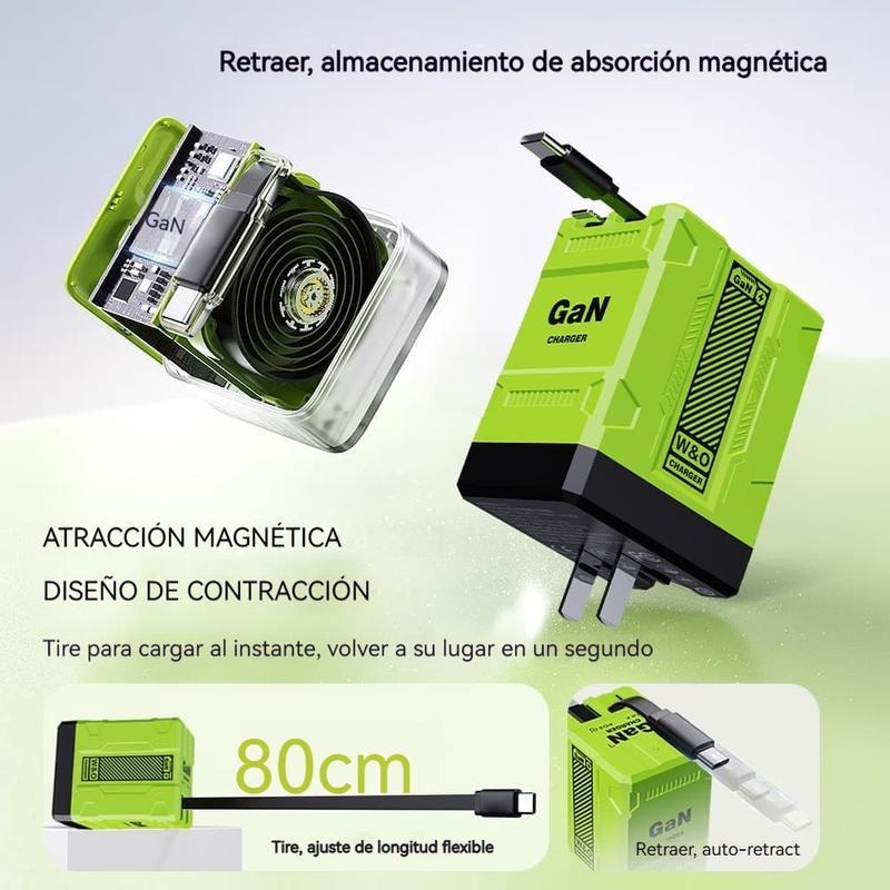 Cargador 4-en-1 GaN 60W – Compatible con USB-C y Lightning Retráctil, Potencia Máxima 120W, Control Inteligente de Temperatura, Carga Segura y Rápida