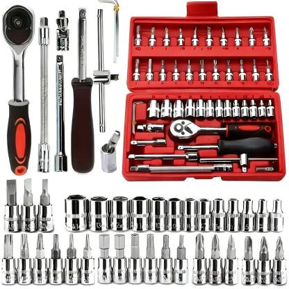 Juego de 46 Piezas de Dados 1/4” – Trinquete, Dados Métricos y Barra de Extensión, Kit de Herramientas para Autos y Hogar con Caja de Almacenamiento
