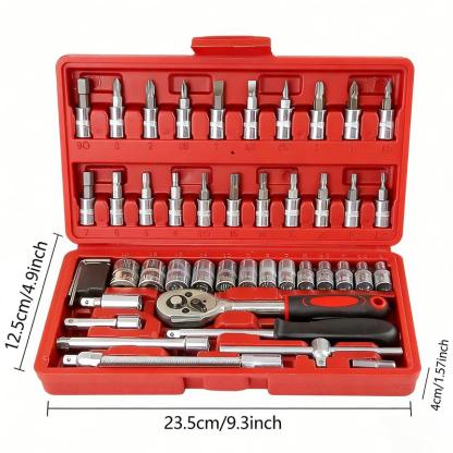 Juego de 46 Piezas de Dados 1/4” – Trinquete, Dados Métricos y Barra de Extensión, Kit de Herramientas para Autos y Hogar con Caja de Almacenamiento