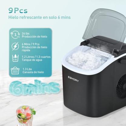 EUHOMY Máquina de Hielo de Encimera con Mango, Produce 11.79 kg en 24h, 9 Cubos Listos en 6 Min, Función de Autolimpieza, Portátil con Canasta y Cucharón, Ideal para Hogar, Cocina, Camping o RV