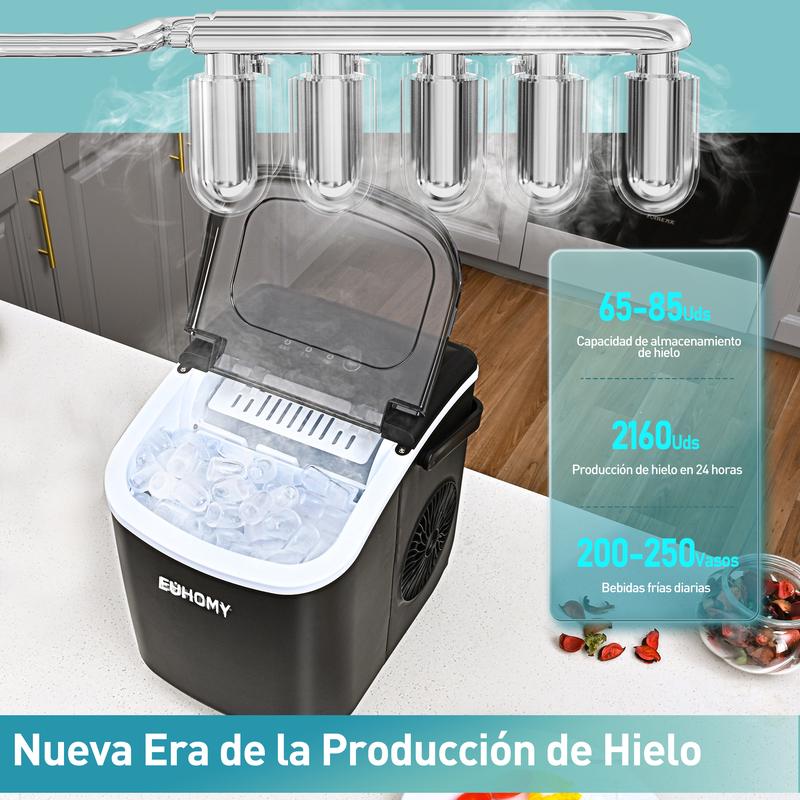 EUHOMY Máquina de Hielo de Encimera con Mango, Produce 11.79 kg en 24h, 9 Cubos Listos en 6 Min, Función de Autolimpieza, Portátil con Canasta y Cucharón, Ideal para Hogar, Cocina, Camping o RV