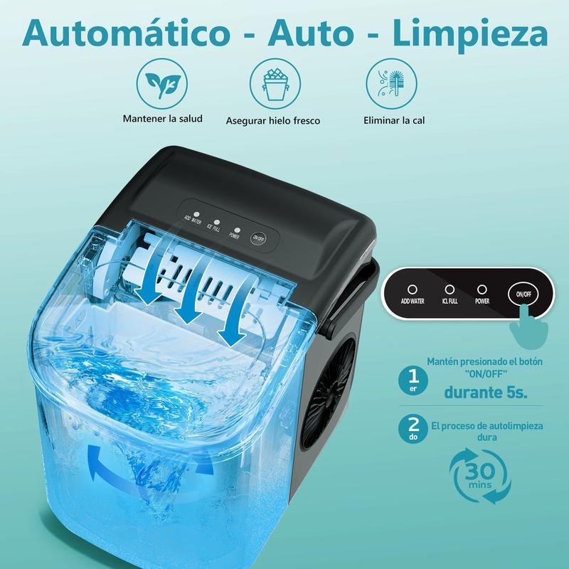EUHOMY Máquina de Hielo de Encimera con Mango, Produce 11.79 kg en 24h, 9 Cubos Listos en 6 Min, Función de Autolimpieza, Portátil con Canasta y Cucharón, Ideal para Hogar, Cocina, Camping o RV