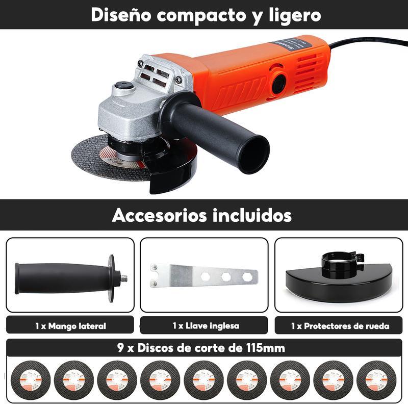 Amoladora Angular Profesional 860W, 19,500 RPM, 3 Niveles de Potencia, Incluye 10 Rodajas, Pulidora y Esmeriladora