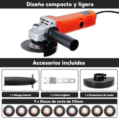 Amoladora Angular Profesional 860W, 19,500 RPM, 3 Niveles de Potencia, Incluye 10 Rodajas, Pulidora y Esmeriladora