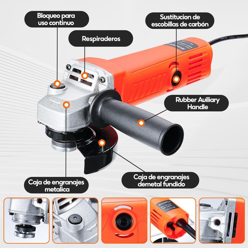 Amoladora Angular Profesional 860W, 19,500 RPM, 3 Niveles de Potencia, Incluye 10 Rodajas, Pulidora y Esmeriladora