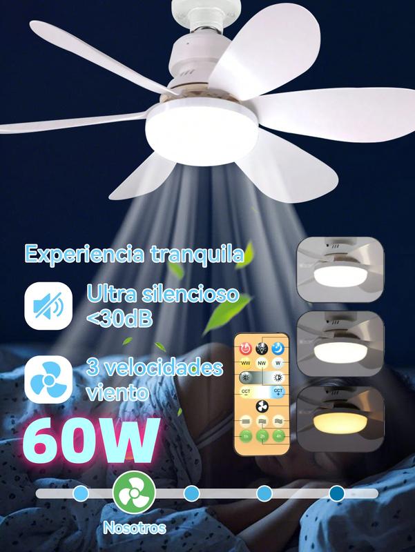Ventilador de Techo 60W con Lámpara y Control Remoto, 3 Velocidades, 6 Aspas de Plástico, Luz Ajustable, Color Blanco, Diámetro 52 cm