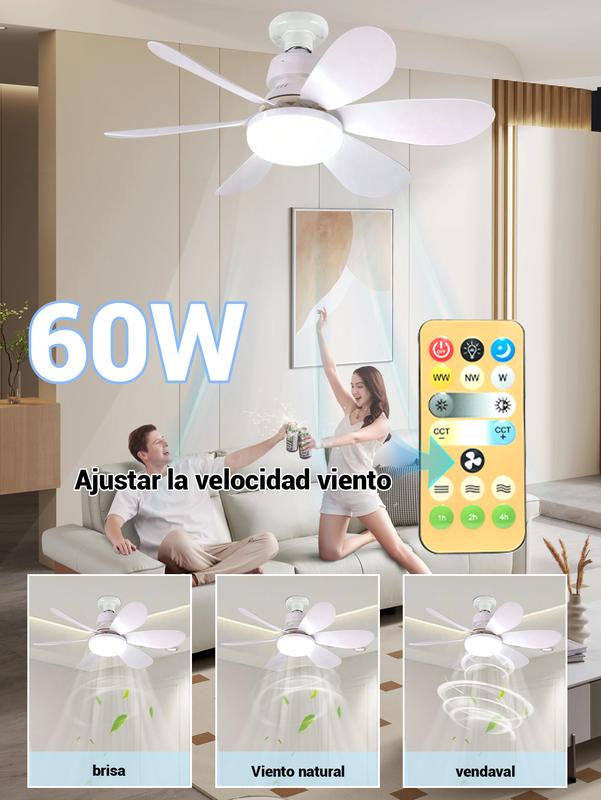Ventilador de Techo 60W con Lámpara y Control Remoto, 3 Velocidades, 6 Aspas de Plástico, Luz Ajustable, Color Blanco, Diámetro 52 cm
