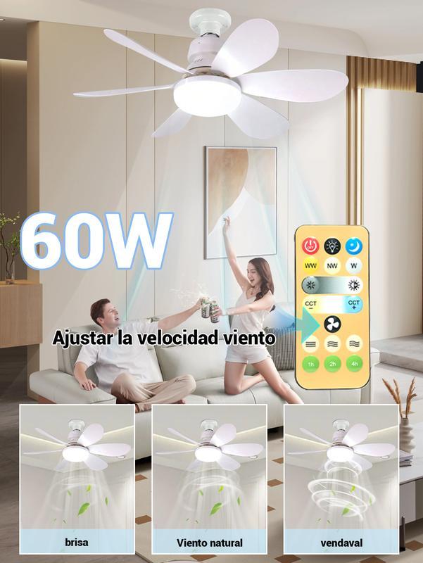 Ventilador de Techo 60W con Lámpara y Control Remoto, 3 Velocidades, 6 Aspas de Plástico, Luz Ajustable, Color Blanco, Diámetro 52 cm
