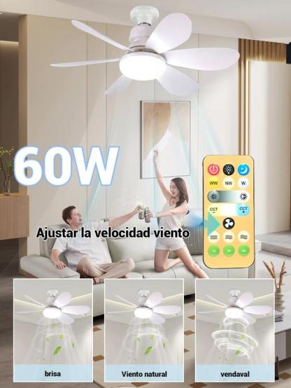 Ventilador de Techo 60W con Lámpara y Control Remoto, 3 Velocidades, 6 Aspas de Plástico, Luz Ajustable, Color Blanco, Diámetro 52 cm