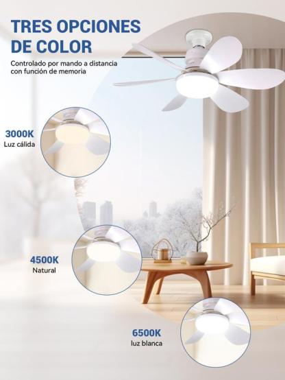 Ventilador de Techo 60W con Lámpara y Control Remoto, 3 Velocidades, 6 Aspas de Plástico, Luz Ajustable, Color Blanco, Diámetro 52 cm