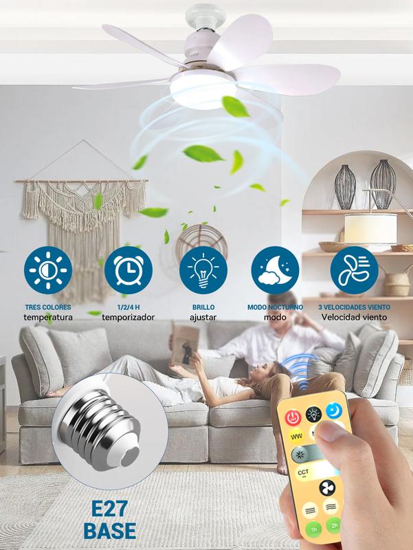 Ventilador de Techo 60W con Lámpara y Control Remoto, 3 Velocidades, 6 Aspas de Plástico, Luz Ajustable, Color Blanco, Diámetro 52 cm