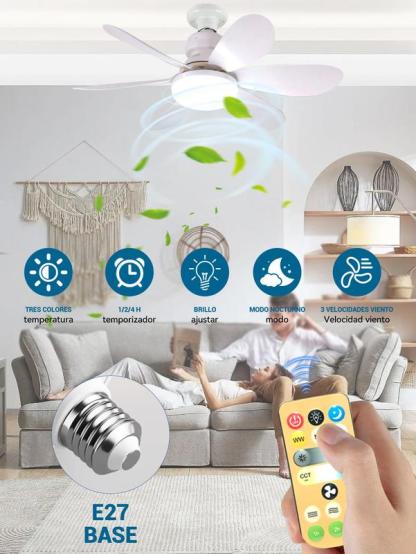 Ventilador de Techo 60W con Lámpara y Control Remoto, 3 Velocidades, 6 Aspas de Plástico, Luz Ajustable, Color Blanco, Diámetro 52 cm