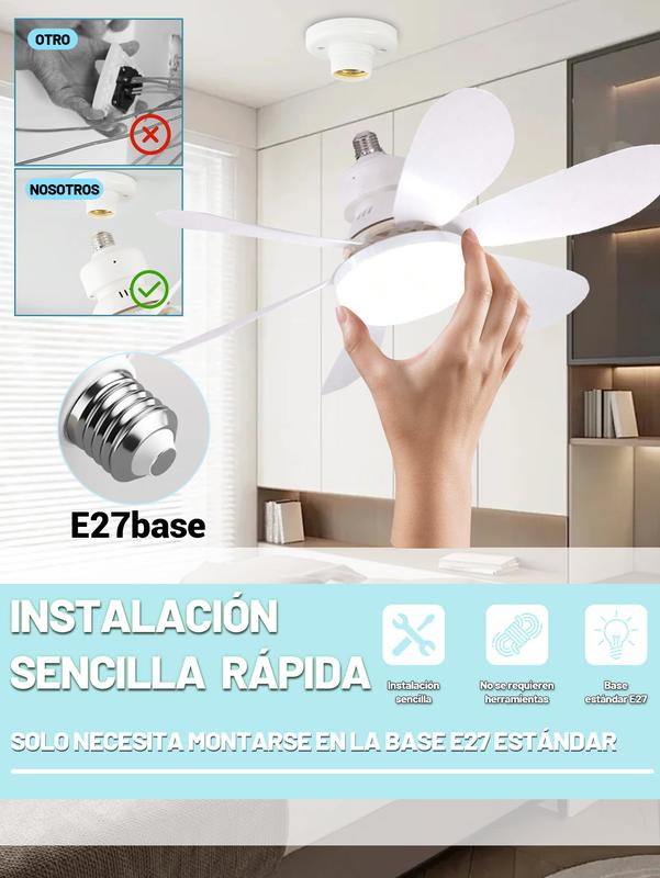 Ventilador de Techo 60W con Lámpara y Control Remoto, 3 Velocidades, 6 Aspas de Plástico, Luz Ajustable, Color Blanco, Diámetro 52 cm