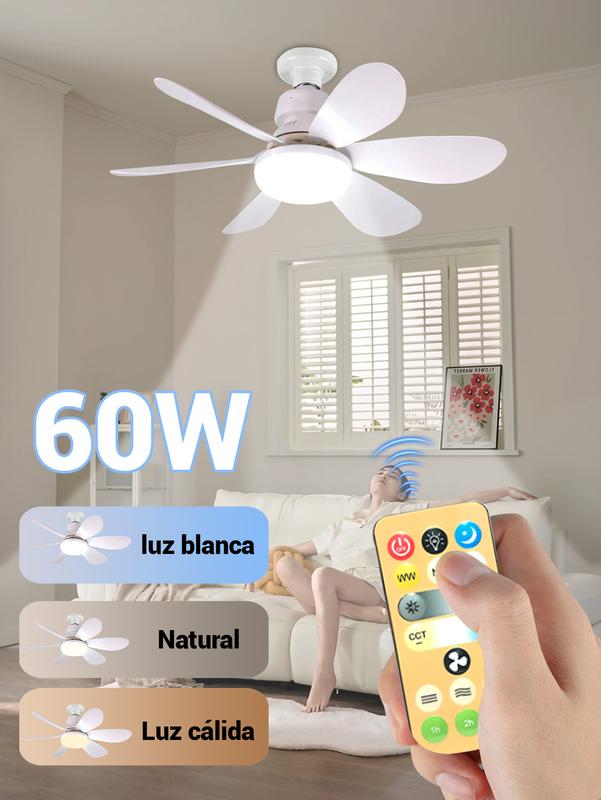 Ventilador de Techo 60W con Lámpara y Control Remoto, 3 Velocidades, 6 Aspas de Plástico, Luz Ajustable, Color Blanco, Diámetro 52 cm