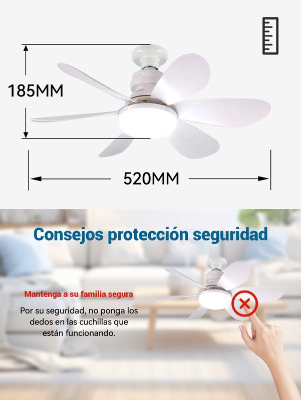Ventilador de Techo 60W con Lámpara y Control Remoto, 3 Velocidades, 6 Aspas de Plástico, Luz Ajustable, Color Blanco, Diámetro 52 cm
