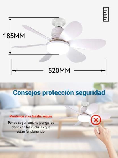 Ventilador de Techo 60W con Lámpara y Control Remoto, 3 Velocidades, 6 Aspas de Plástico, Luz Ajustable, Color Blanco, Diámetro 52 cm