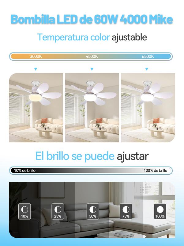 Ventilador de Techo 60W con Lámpara y Control Remoto, 3 Velocidades, 6 Aspas de Plástico, Luz Ajustable, Color Blanco, Diámetro 52 cm