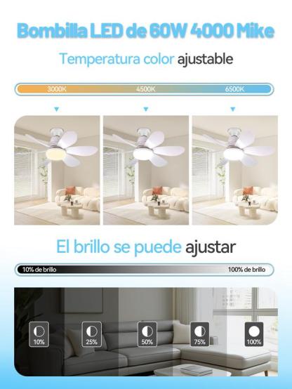 Ventilador de Techo 60W con Lámpara y Control Remoto, 3 Velocidades, 6 Aspas de Plástico, Luz Ajustable, Color Blanco, Diámetro 52 cm