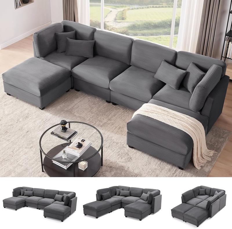 Sofá Seccional Modular Oversize 125” de Pana, en Forma de U con Almacenamiento, Sofá Convertible de 5 Plazas, Cómodo con Espuma de Memoria para Sala de Estar – 5 a 7 Paquetes