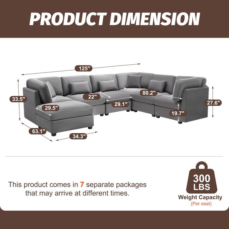 Sofá Seccional Modular Oversize 125” de Pana, en Forma de U con Almacenamiento, Sofá Convertible de 5 Plazas, Cómodo con Espuma de Memoria para Sala de Estar – 5 a 7 Paquetes
