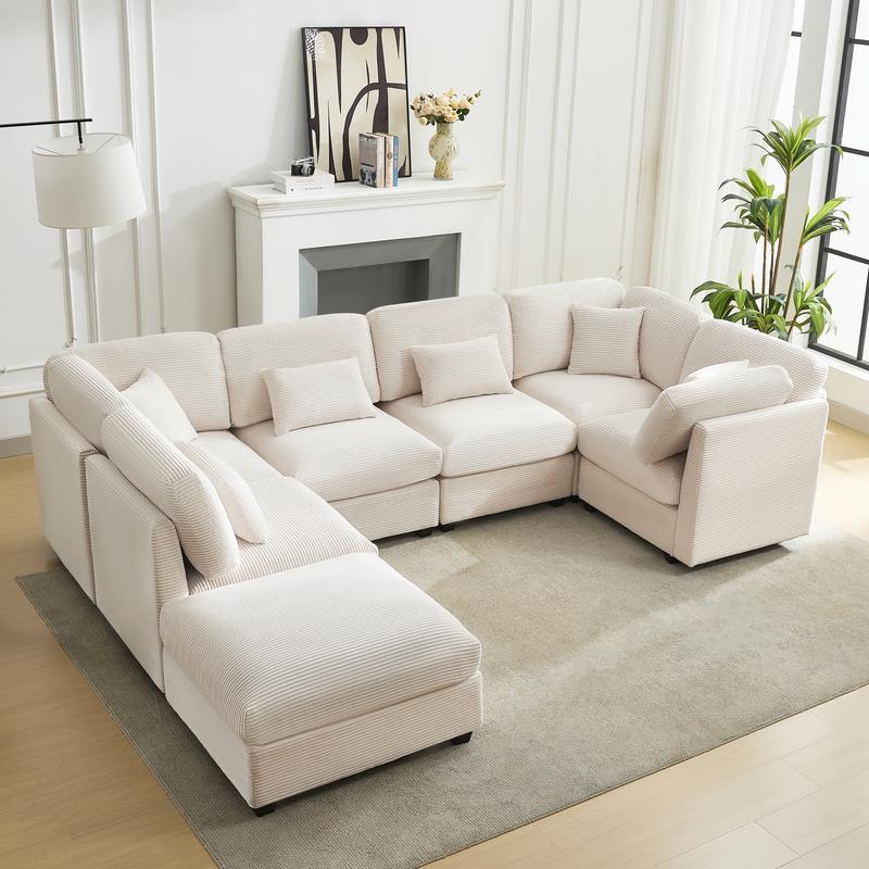 Sofá Seccional Modular Oversize 125” de Pana, en Forma de U con Almacenamiento, Sofá Convertible de 5 Plazas, Cómodo con Espuma de Memoria para Sala de Estar – 5 a 7 Paquetes