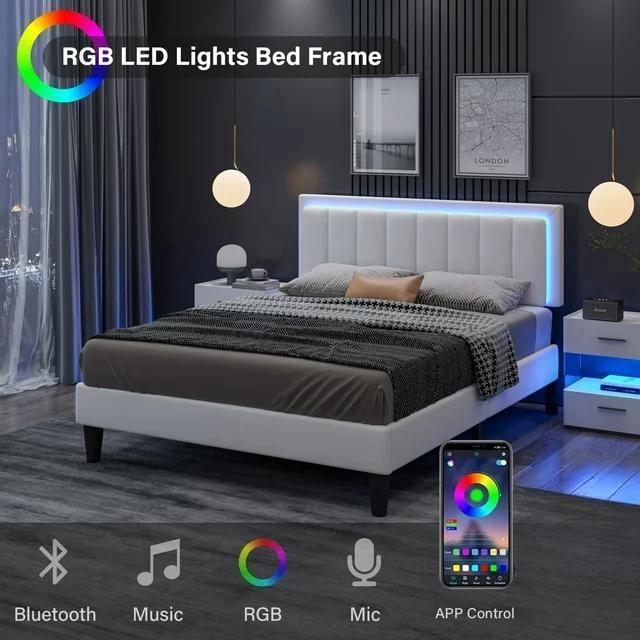 Cama HOMBCK LED, Sin Colchón – Cama Moderna y Suave con Cabecera de Cuero de Lujo, Luz Ajustable por App, No Requiere Base