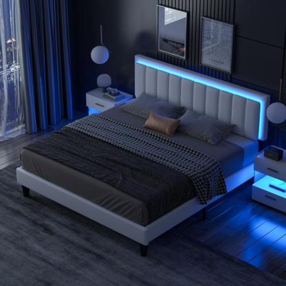 Cama HOMBCK LED, Sin Colchón – Cama Moderna y Suave con Cabecera de Cuero de Lujo, Luz Ajustable por App, No Requiere Base