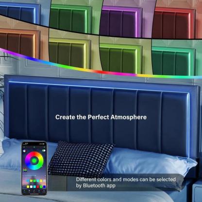 Cama HOMBCK LED, Sin Colchón – Cama Moderna y Suave con Cabecera de Cuero de Lujo, Luz Ajustable por App, No Requiere Base