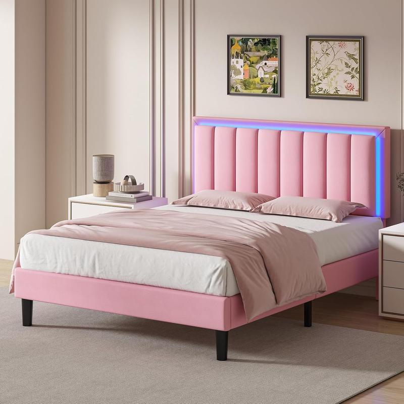 Cama HOMBCK LED, Sin Colchón – Cama Moderna y Suave con Cabecera de Cuero de Lujo, Luz Ajustable por App, No Requiere Base