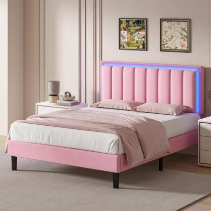 Cama HOMBCK LED, Sin Colchón – Cama Moderna y Suave con Cabecera de Cuero de Lujo, Luz Ajustable por App, No Requiere Base