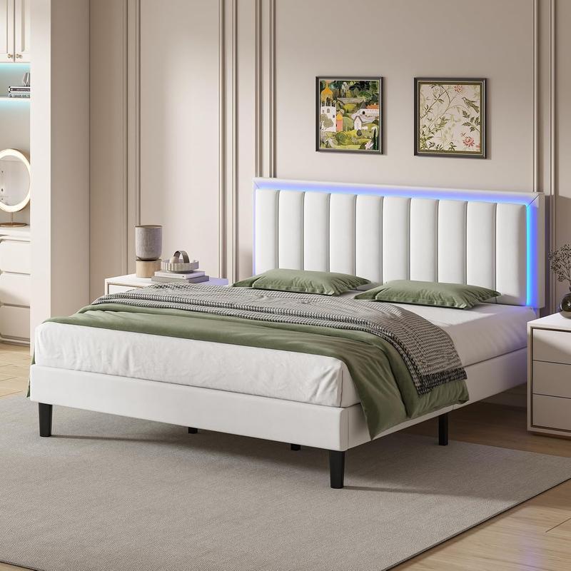 Cama HOMBCK LED, Sin Colchón – Cama Moderna y Suave con Cabecera de Cuero de Lujo, Luz Ajustable por App, No Requiere Base