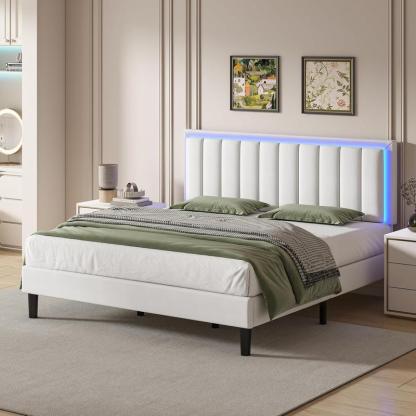 Cama HOMBCK LED, Sin Colchón – Cama Moderna y Suave con Cabecera de Cuero de Lujo, Luz Ajustable por App, No Requiere Base