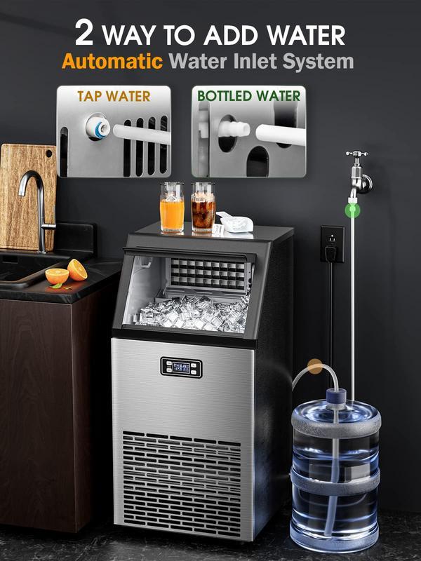 Máquina de Hielo Comercial V2.0 – 100 lbs, Doble Forma de Agregar Agua, Auto-Limpieza, Temporizador 24h, Canasta de 33 lbs, Acero Inoxidable, para Escuela, Hogar, Bar, RV