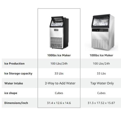 Máquina de Hielo Comercial V2.0 – 100 lbs, Doble Forma de Agregar Agua, Auto-Limpieza, Temporizador 24h, Canasta de 33 lbs, Acero Inoxidable, para Escuela, Hogar, Bar, RV