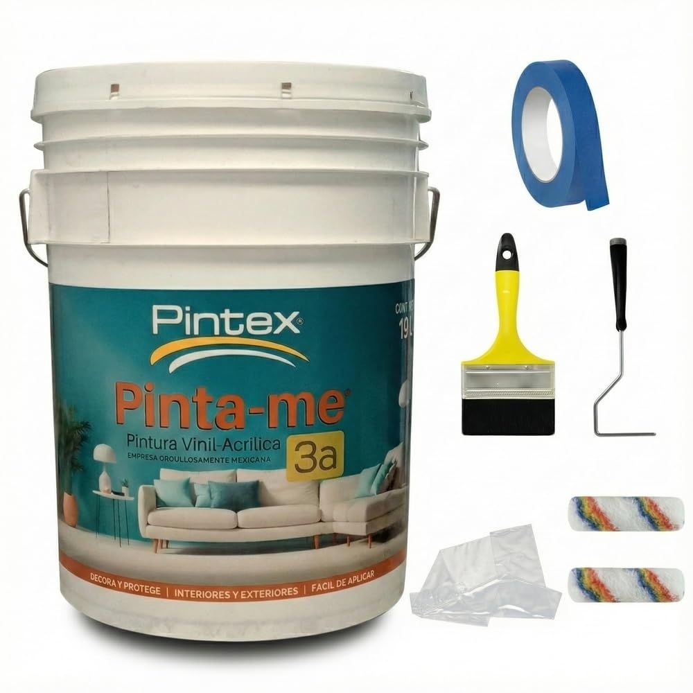 PINTEX Kit Pinta-me Pintura Vinil-Acrílica 19 L | Incluye Brocha, Mini Rodillo, Felpas, Masking Tape y Plastiprotector | Acabado Mate | Fácil Aplicación | Interiores y Exteriores | Verde Manzana