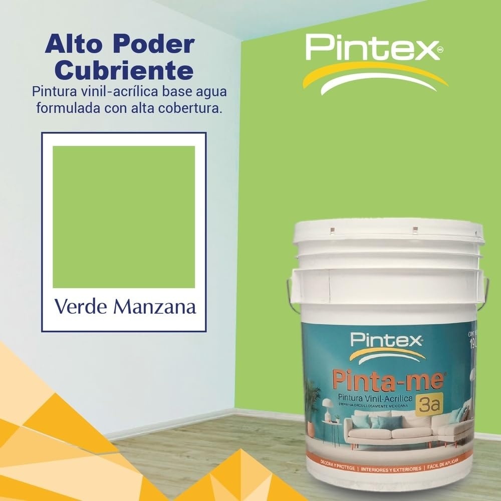 PINTEX Kit Pinta-me Pintura Vinil-Acrílica 19 L | Incluye Brocha, Mini Rodillo, Felpas, Masking Tape y Plastiprotector | Acabado Mate | Fácil Aplicación | Interiores y Exteriores | Verde Manzana
