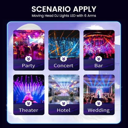 Luz Móvil DJ para Fiestas, LED RGBW 6 en 1 con 6 Brazos, Soporte DMX-512 y Activada por Sonido, Iluminación Profesional para Escenarios y Eventos