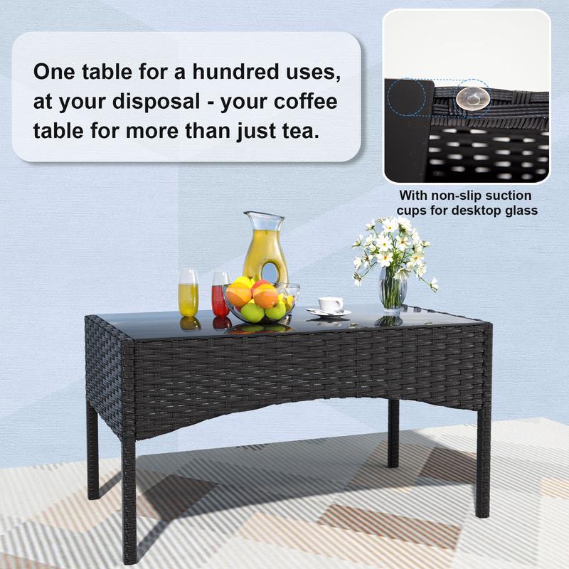 Juego de Muebles de Patio Kullavik para Exterior, Sillas de Ratán PE con Mesa de Vidrio Templado y Cojines Suaves, Ideal para Jardín, Césped, Piscina o Patio Trasero