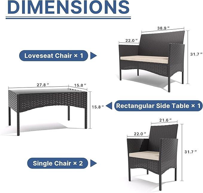 Juego de Muebles de Patio Kullavik para Exterior, Sillas de Ratán PE con Mesa de Vidrio Templado y Cojines Suaves, Ideal para Jardín, Césped, Piscina o Patio Trasero