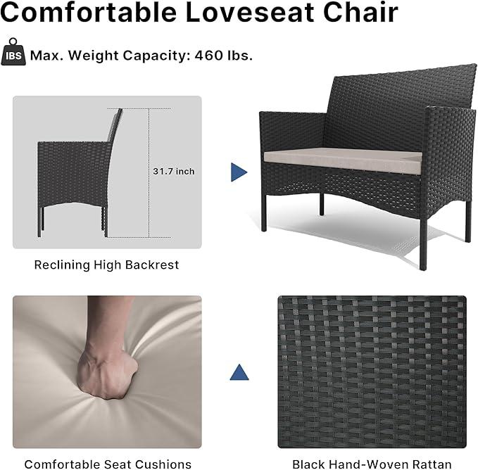 Juego de Muebles de Patio Kullavik para Exterior, Sillas de Ratán PE con Mesa de Vidrio Templado y Cojines Suaves, Ideal para Jardín, Césped, Piscina o Patio Trasero