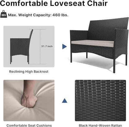 Juego de Muebles de Patio Kullavik para Exterior, Sillas de Ratán PE con Mesa de Vidrio Templado y Cojines Suaves, Ideal para Jardín, Césped, Piscina o Patio Trasero