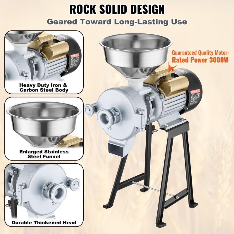Molino eléctrico para granos, 3000 W, molinillo de especias, molino de maíz comercial con embudo, máquina para moler con grosor ajustable, molino de harina y cereales de alta resistencia, molinillo para uso en seco y húmedo.